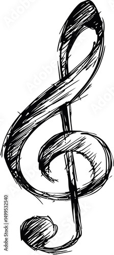 Black and white sketch of a treble clef with artistic pencil strokes. Vector illustration