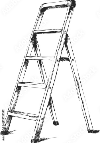 Black and white sketch of a stepladder with detailed lines, artistic illustration. Vector illustration