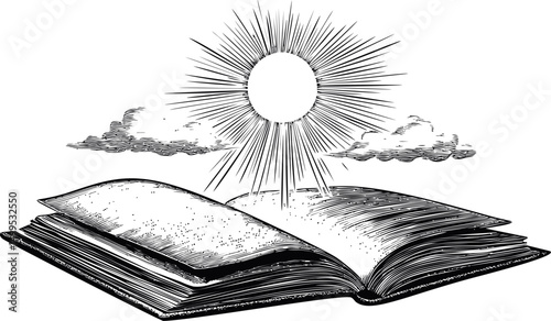 Open book with a radiant sun and clouds in a vintage sketch style. Vector illustration