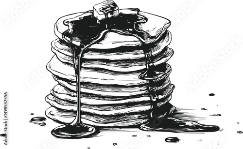 Stack of pancakes with syrup and butter in monochrome illustration style. Vector illustration