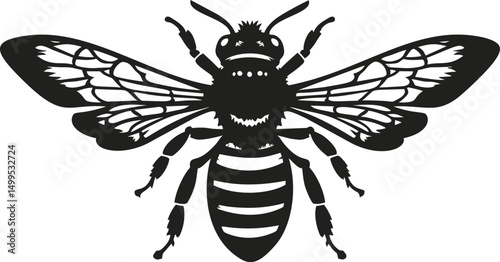 Detailed black and white silhouette of a bee, nature in . Vector illustration