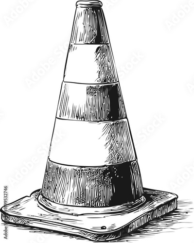 Detailed black and white sketch of a traffic cone with shading. Vector illustration