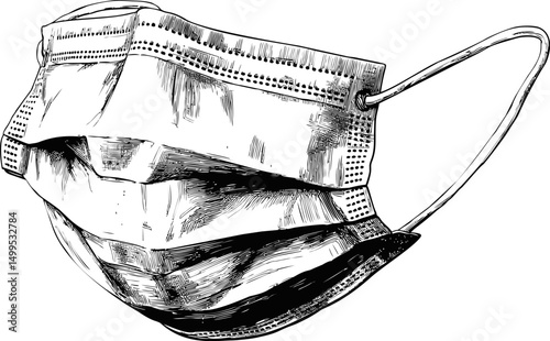 Black and white sketch of a medical face mask with detailed texture design. Vector illustration
