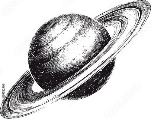 Ringed planet Saturn in detailed black and white sketch, astrological art. Vector illustration
