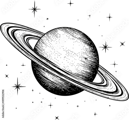 Vintage illustration of saturn with rings and stars in black and white sketch. Vector illustration