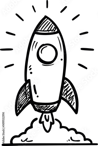 Black and white sketch of a rocket launching with clouds and lines. Vector illustration