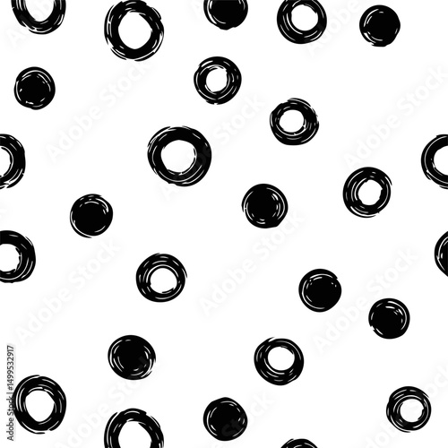 Black ink circles with swirling textures, abstract pattern. Vector illustration