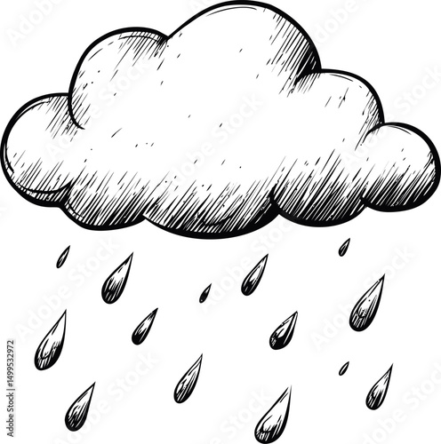 Sketch of rain cloud with falling raindrops in monochrome drawing style. Vector illustration