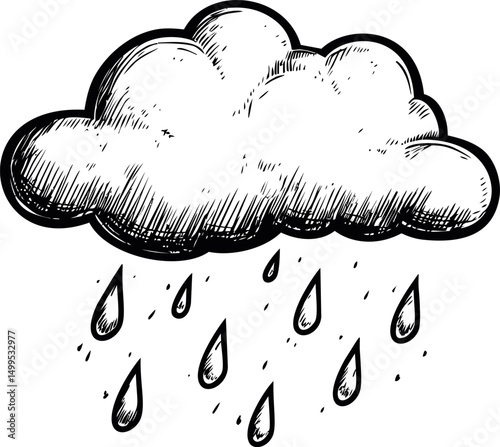 Hand-drawn cloud with raindrops in black and white sketch illustration. Vector illustration