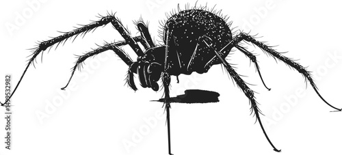 Detailed black silhouette of a spider with long legs in side view illustration. Vector illustration