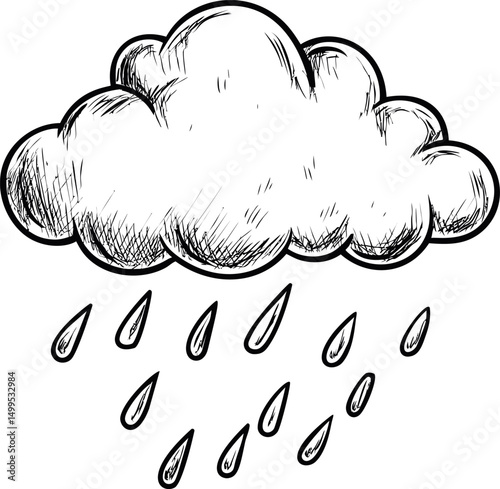 Sketch of rain cloud with falling raindrops in black and white illustration. Vector illustration