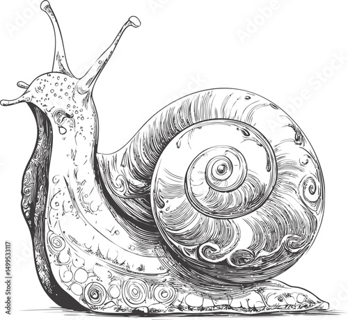 Detailed line drawing of a snail with intricate patterns, monochrome illustration. Vector illustration