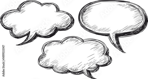 Sketchy black and white illustration of three speech bubbles. Vector illustration