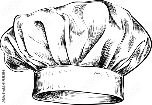 Illustration of a classic white chef's hat with detailed black outlines. Vector illustration
