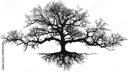 Silhouette of a bare tree with branches and roots against. Vector illustration