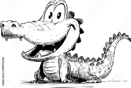 Happy cartoon crocodile in black and white sketch illustration. Vector illustration