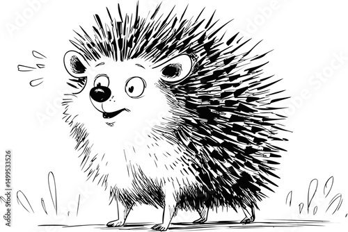 Cute spiky hedgehog cartoon illustration in black and white, friendly expression. Vector illustration