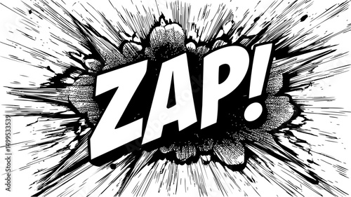 Comic book zap! explosion in black and white illustration style. Vector illustration