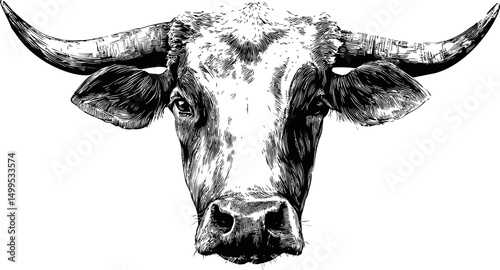 Black and white illustration of cow head with detailed line art and horns. Vector illustration