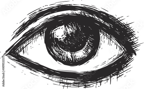 Black and white sketch drawing of a realistic human eye in detailed style. Vector illustration