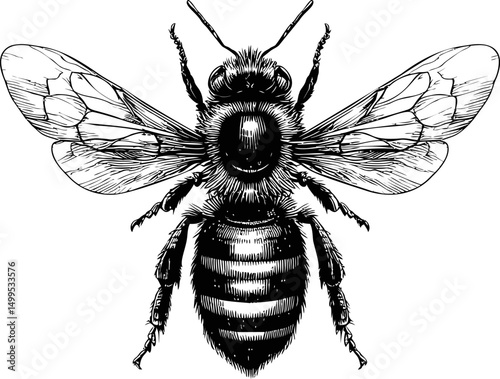 Black and white detailed illustration of a bee with wings spread drawing. Vector illustration