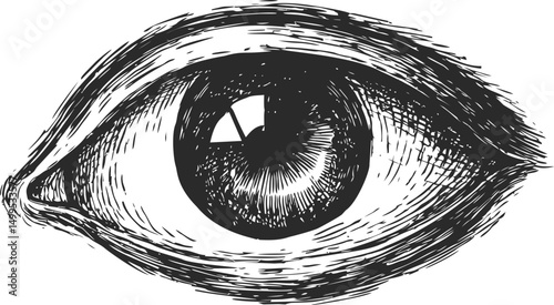 Hand-drawn black and white eye sketch with detailed shading. Vector illustration