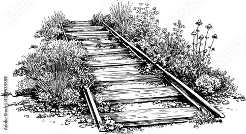 Abandoned railway tracks overgrown with plants in detailed black and white illustration. Vector illustration