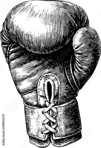 Vintage boxing glove illustration in detailed black and white engraving style. Vector illustration