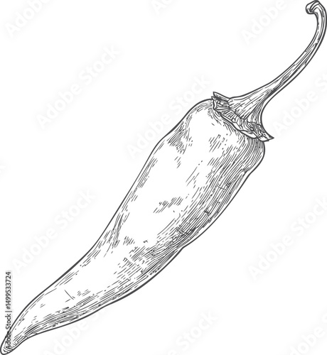 Hand-drawn sketch of a long chili pepper, botanical illustration. Vector illustration
