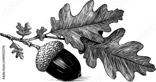 Detailed black and white illustration of an acorn and oak leaves on a branch. Vector illustration