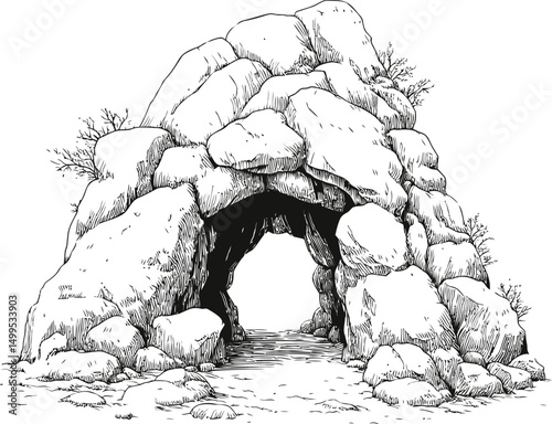 Monochrome drawing of a rocky cave entrance with detailed textures. Vector illustration