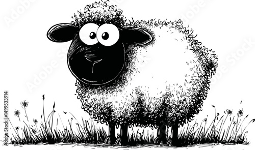 Cartoon sheep with big eyes standing in a meadow, black and white drawing. Vector illustration