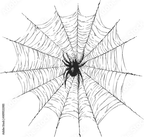 Intricate spider web with a detailed spider in black and white illustration. Vector illustration