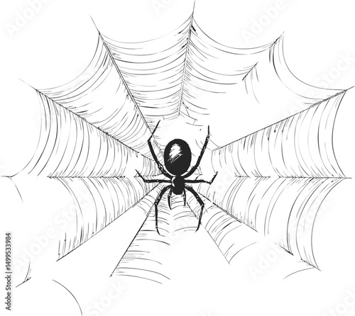 Illustration of a spider in a detailed web with black lines. Vector illustration