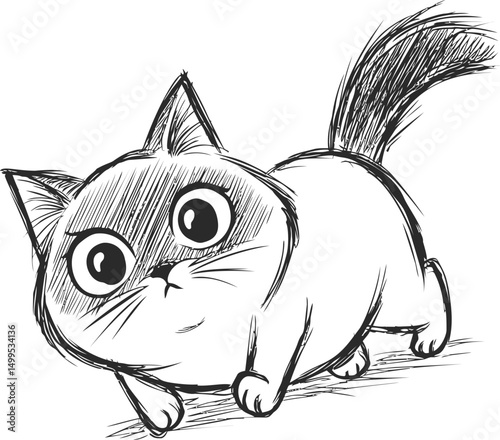 Sketch of a cute curious cat with wide eyes and fluffy tail, cartoon style. Vector illustration