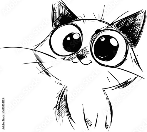 Black and white sketch of a wide-eyed cheerful kitten cartoon illustration. Vector illustration