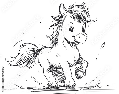 Adorable cartoon pony sketch with playful expression and dynamic movement. Vector illustration