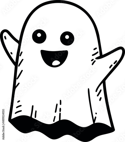 Cute black and white cartoon ghost with a happy expression, simple illustration. Vector illustration