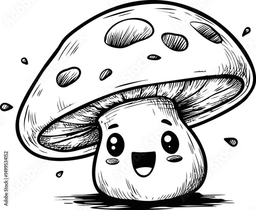 Cute cartoon mushroom with happy face in black and white drawing style. Vector illustration