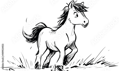 Sketch of a cute playful pony running through grass, cartoon illustration. Vector illustration