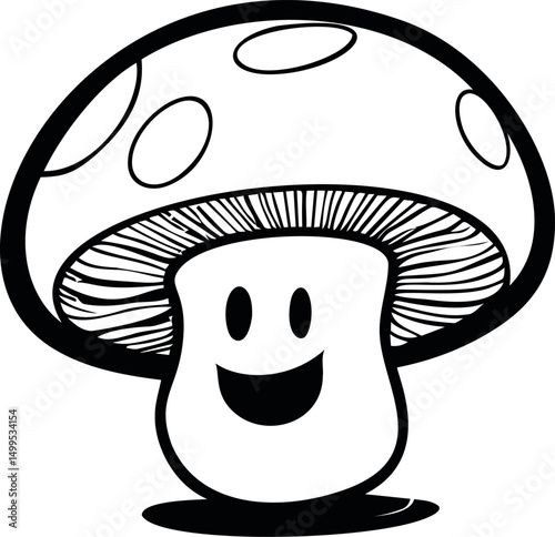 Happy cartoon mushroom with a smiling face in black and white illustration. Vector illustration