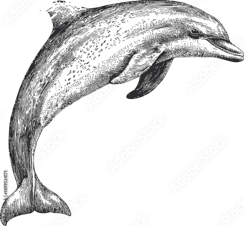 Detailed black and white illustration of a dolphin jumping in vintage style. Vector illustration