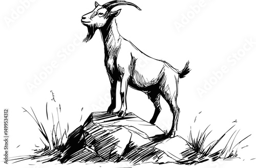 Mountain goat standing majestically on a rocky hill, black and white sketch. Vector illustration