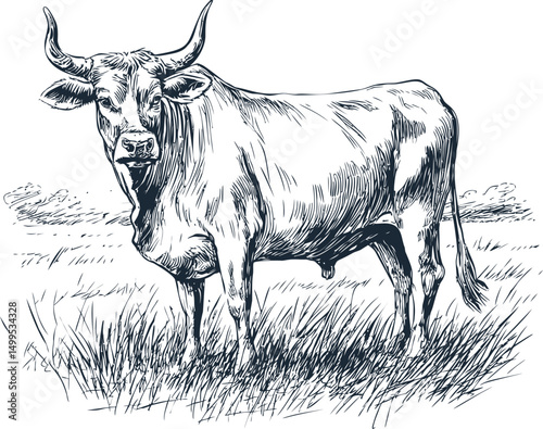 Illustration of a bull standing in grass landscape, black and white art drawing. Vector illustration