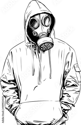Person in hoodie wearing gas mask with hands in pockets, black and white illustration. Vector illustration