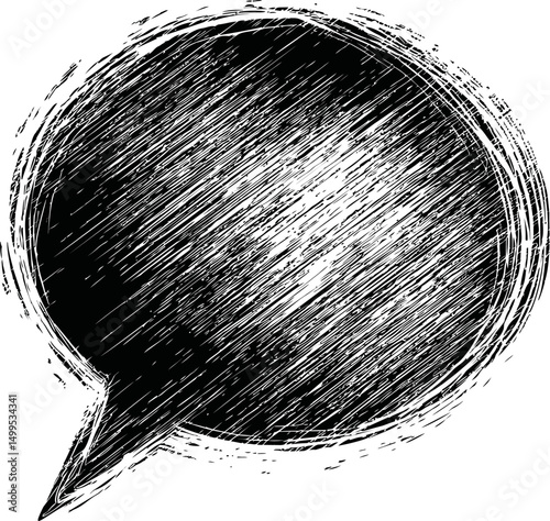 Grungy black and white speech bubble with textured scribbles. Vector illustration