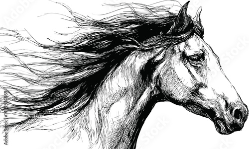 Monochrome sketch of a horse with flowing mane in artistic style. Vector illustration