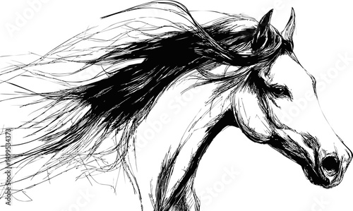Illustration of a black and white horse with flowing mane. Vector illustration