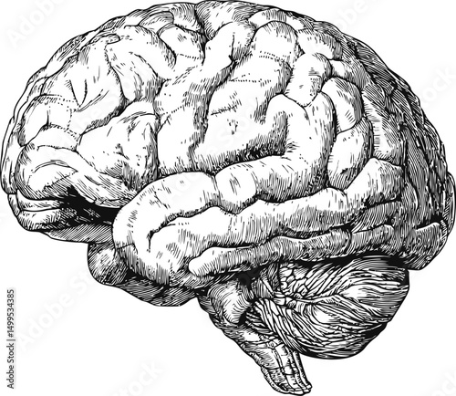 Detailed black and white illustration of a human brain, concept of neuroscience. Vector illustration