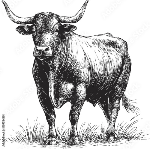 Detailed black and white sketch of a standing bull with large horns. Vector illustration
